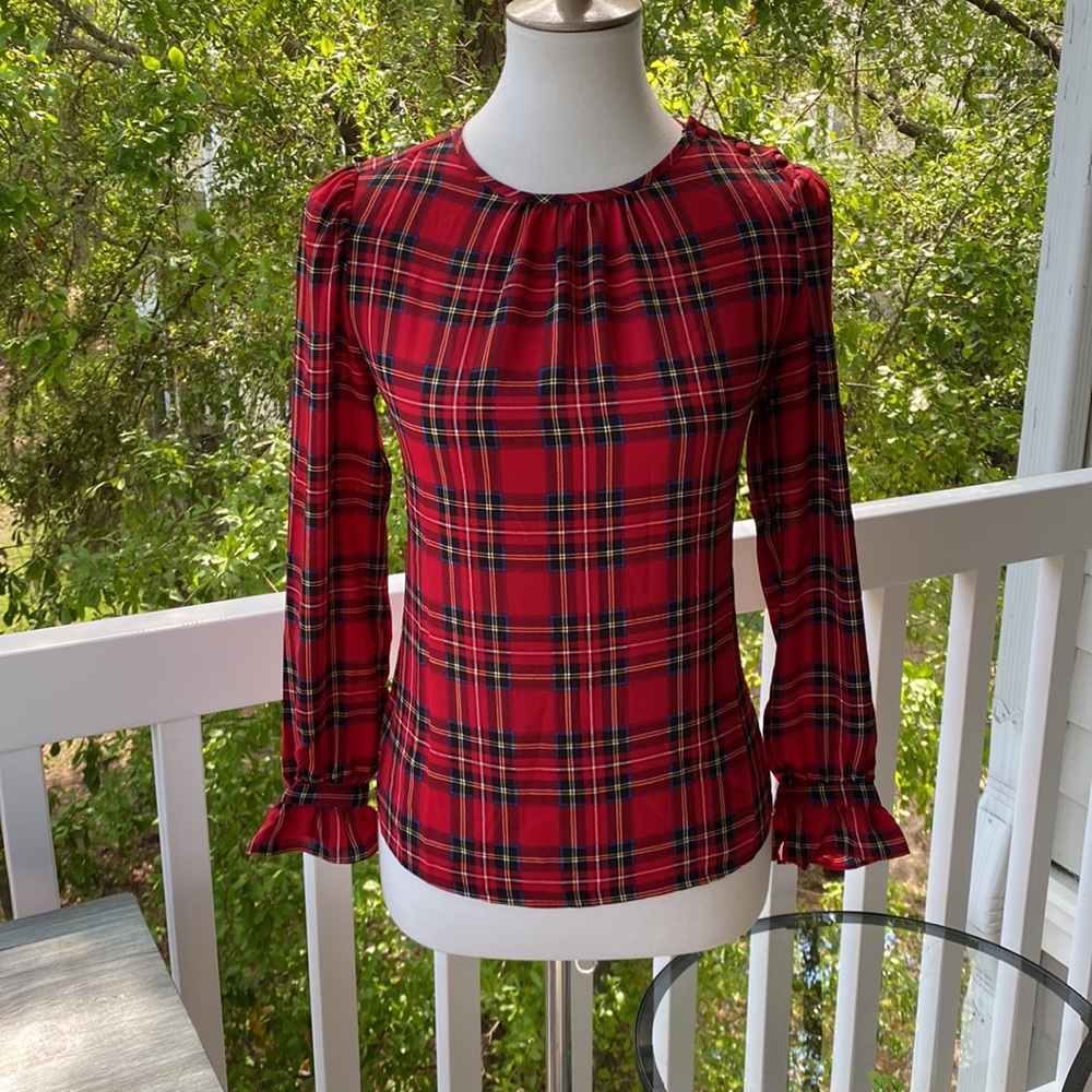 J. Crew Plaid Blouse w/ Ruffled Sleeve + Buttons Red Plaid Top -  Size XXS -NWOT